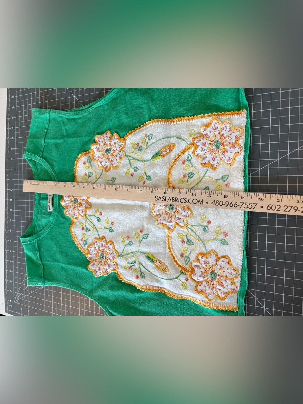 Free People Upcycled Green Tank Top with Cream Floral Embroidered Panel - Picture 4 of 6